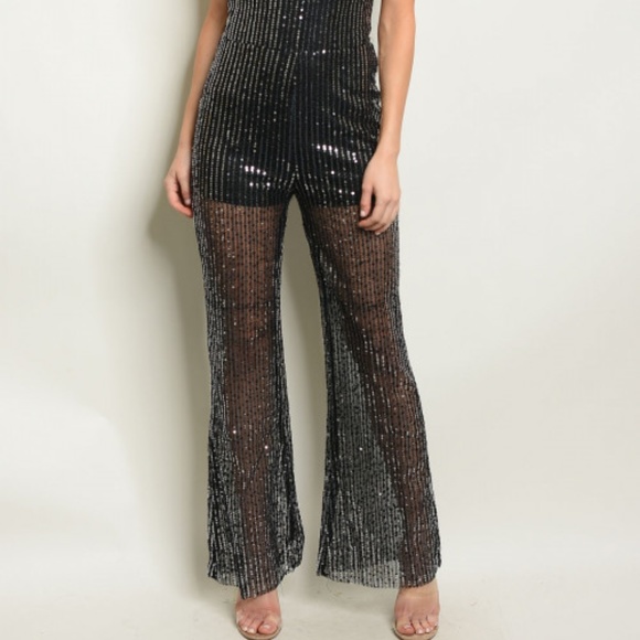 Black Halter Evening Sequins Jump-Suite - Picture 2 of 4